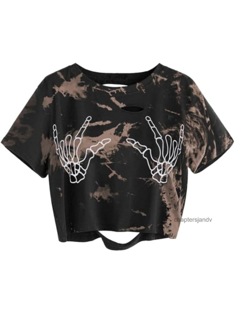 Women Skull Finger Graphic Distressed Crop Tee Ripped Short Sleeve